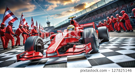 Red Race Car Speeding on Checkered Floor. Generative AI Red Race Car Speeding on Checkered Floor. Generative AI 127825146