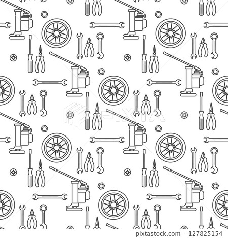 Seamless pattern of car repair tools and tires in monochrome suitable as background for garages 127825154