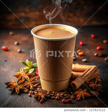 A Cup of Coffee Surrounded by Spices. Generative AI 127825222