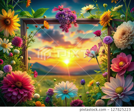 Picture Frame With Flowers and Sunset. Generative AI 127825223