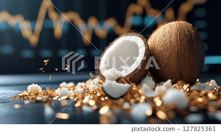 Coconut Shells Spilling onto a Glowing Market Graph 127825361