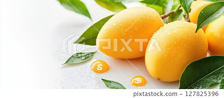 Close up View of Ripe Mango Fruit with Subtle Currency Symbols 127825396