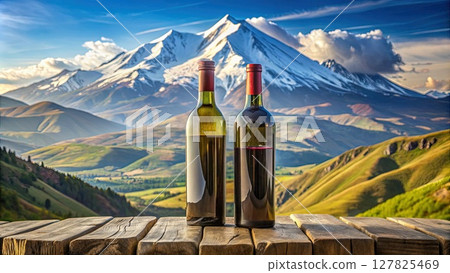 Two Bottles of Wine on Wooden Table. Generative AI 127825469