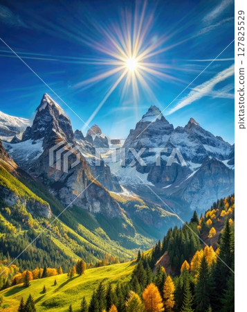 Sun Shining Over Mountains and Trees. Generative AI 127825529