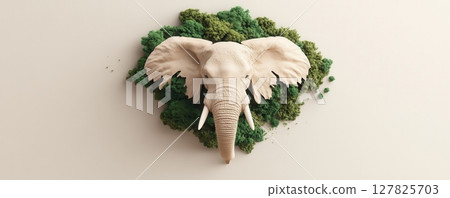 an animal head is displayed against a light backdrop, surrounded by clusters of greenery. the animal head is pale and features prominent ears, tusks, and detailed facial features an animal head is displayed against a light backdrop, surrounded by clusters of greenery. the animal head is pale and features prominent ears, tusks, and detailed facial features 127825703