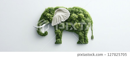 against a stark white background, a stylized figure of a large animal is depicted. the figure is entirely composed of lush green foliage, giving the impression of a walking garden 127825705