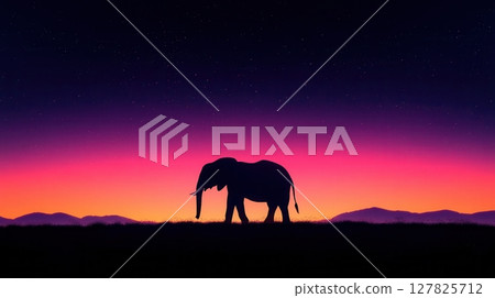 the image shows the silhouette of a large animal standing on a grassy plain at dusk or dawn the image shows the silhouette of a large animal standing on a grassy plain at dusk or dawn 127825712