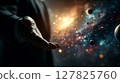An interstellar business era where skyscrapers shine under cosmic light and innovation 127825760