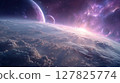 Stunning interplanetary scene featuring Earth, Mars, and neon light in a silent cosmic sky 127825774