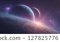 Immersive galaxy artwork with Earth and Mars surrounded by starlight in vibrant purple tones 127825776