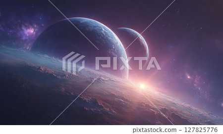Immersive galaxy artwork with Earth and Mars surrounded by starlight in vibrant purple tones 127825776