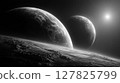 Peaceful view of outer space showing glowing planets drifting in a vast and colorful cosmos 127825799