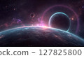 Vibrant planetary scene with Earth and Mars glowing in neon space colors, calm and majestic 127825800