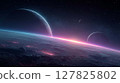 Minimalist space artwork with colorful light reflecting off planets in a quiet distant galaxy 127825802