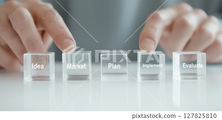 Person arranging translucent glass blocks showing project stages idea, market, plan, implement, evaluate 127825810