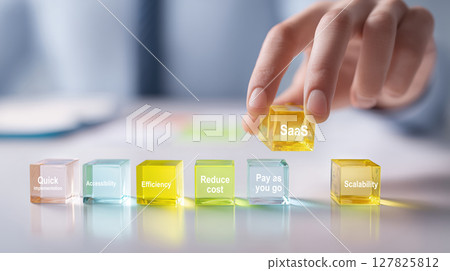 Translucent glass blocks with business terms like SaaS, scalability, and efficiency are arranged by hand, symbolizing project management 127825812