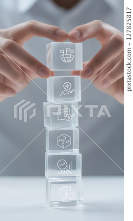 Person stacking translucent glass blocks with business icons, symbolizing project management and strategy 127825817