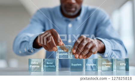 Person arranging translucent glass blocks with business terms like Value for Customers and Define Purpose in strategic manner 127825818