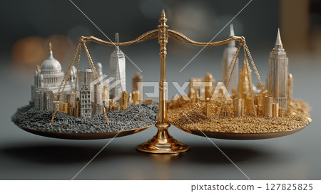 Golden balance scale with miniature cityscapes symbolizes economic balance and disparity 127825825