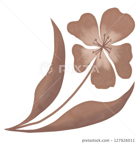 Hand drawn illustration of mocha mousse beige brown flowers leaves branch in curved modern shape outline. Minimalist floral garden design, bloom for cards invitations, elegant foliage plant nature. 127826011