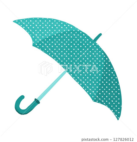 Hand drawn illustration with blue turquoise umbrella on white background. Elegant simple fall weather rain, april showers design, funny cartoon seasonal print, spring elements, fabric fashion print. 127826012