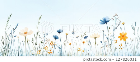 the image features a field of delicate wildflowers against a light blue background. a variety of flowers in hues of blue, white, and yellow are scattered throughout the scene 127826031