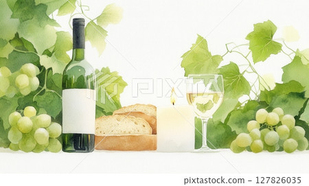 a watercolor illustration depicts a still life composition centered around a glass of a white beverage, a bottle with a blank label, and a candle with a lit flame a watercolor illustration depicts a still life composition centered around a glass of a white beverage, a bottle with a blank label, and a candle with a lit flame 127826035