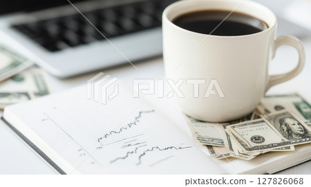 An open notebook displaying a monthly budget plan accompanied by a cup of coffee on a desk in a workspace highlighting the concept of financial planning management An open notebook displaying a monthly budget plan accompanied by a cup of coffee on a desk in a workspace highlighting the concept of financial planning management 127826068