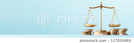 Balanced scale with gold metallic finish and stacks of coins on one side symbolizing financial legal and economic concepts such as wealth management Balanced scale with gold metallic finish and stacks of coins on one side symbolizing financial legal and economic concepts such as wealth management 127826069