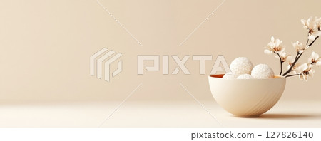 Minimalist 3D Bowl of Glutinous Rice Balls in Sweet Syrup 127826140