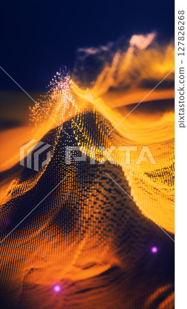 Abstract golden landscape of digital particles forming peaks and waves on a dark background, glowing and dynamic Abstract golden landscape of digital particles forming peaks and waves on a dark background, glowing and dynamic 127826268