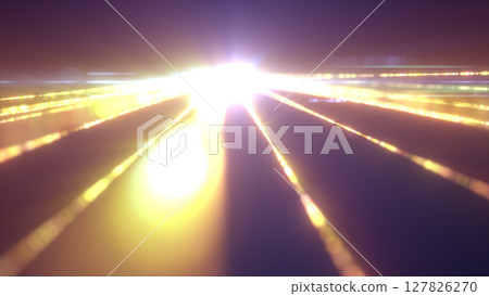Blinding white-yellow light source at the vanishing point, surrounded by luminous streaks extending outward in every direction Blinding white-yellow light source at the vanishing point, surrounded by luminous streaks extending outward in every direction 127826270