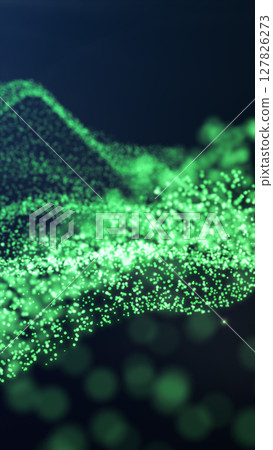 Abstract glowing green particles forming flowing waves against a dark background Abstract glowing green particles forming flowing waves against a dark background 127826273