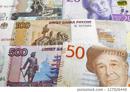 Stack of Russian Rubles and Swedish Kronas Stack of Russian Rubles and Swedish Kronas 127826448