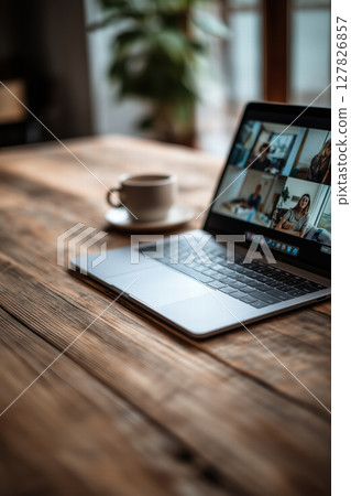 laptop screen showing online business meeting 127826857