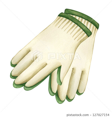 A pair Gardening gloves. Watercolor Hand drawn Illustration of gloves for caring for plants and flowers. Safety gloves in the industrial and construction. Design elements Gardening or horticulture 127827154