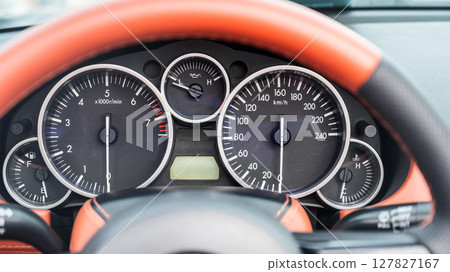 Close-Up View of a Sports Car Dashboard Displaying Gauges. Close-Up View of a Sports Car Dashboard Displaying Gauges. 127827167