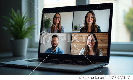 laptop screen showing online business meeting 127827367