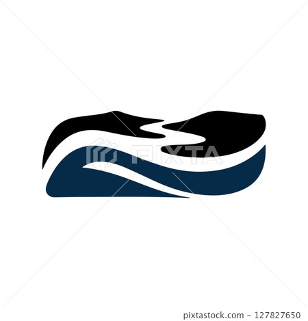Logos of rivers, creeks, riverbanks and streams. River logo with combination of mountains and farmland with concept design vector illustration template 127827650