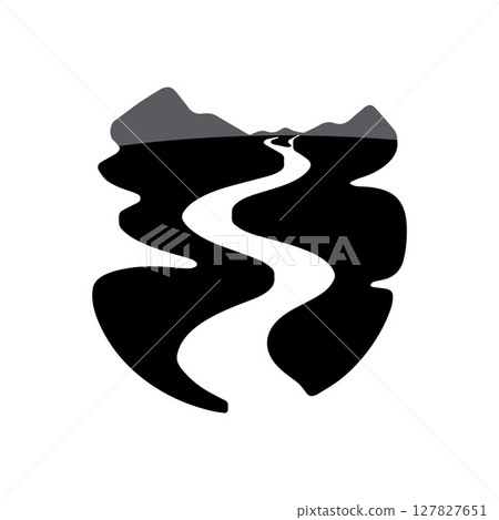 Logos of rivers, creeks, riverbanks and streams. River logo with combination of mountains and farmland with concept design vector illustration template 127827651