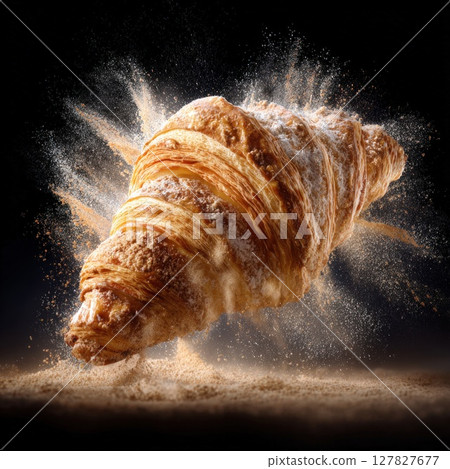 Fluffy Golden Croissant Explosion A Deliciously Baked Pastry with Delicate Layers, Showered in Sugar Dust, Against a Dramatic Dark Background Perfect Bakery Delight 127827677