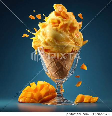 Vibrant Mango Ice Cream Extravaganza Dynamic Scoops with Fresh Fruit Chunks and Playful Splashes, Served in a Waffle Cone Glass on a Blue Background 127827678