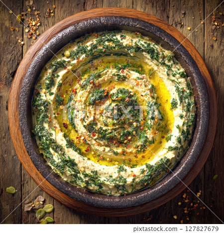 Zesty Green Hummus Swirl Creamy Chickpea Dip with Fresh Herbs, Olive Oil Drizzle, and Red Pepper Flakes in a Rustic Bowl Healthy Mediterranean Appetizer 127827679
