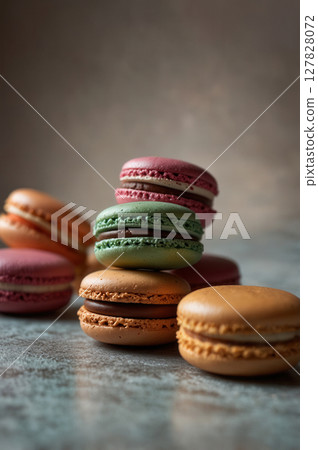 colorful assorted macarons in playful motion colorful assorted macarons in playful motion 127828072