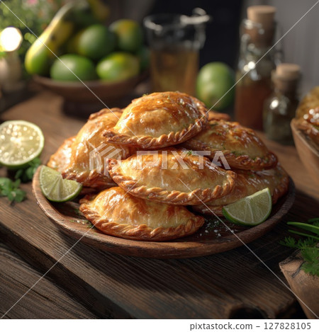 Golden-Baked Empanadas Crispy and Flaky Pastries Filled with Savory Delights, Garnished with Fresh Lime Wedges A Perfect Latin American Appetizer or Snack 127828105