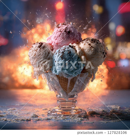 Dynamically Splashing Ice Cream Sundae Multiple Scoops of Delicious, Colorful Ice Cream with Chocolate Sprinkles and a Waffle Cone in a Glass Urban Nightlife Dessert Dynamically Splashing Ice Cream Sundae Multiple Scoops of Delicious, Colorful Ice Cream with Chocolate Sprinkles and a Waffle Cone in a Glass Urban Nightlife Dessert 127828106