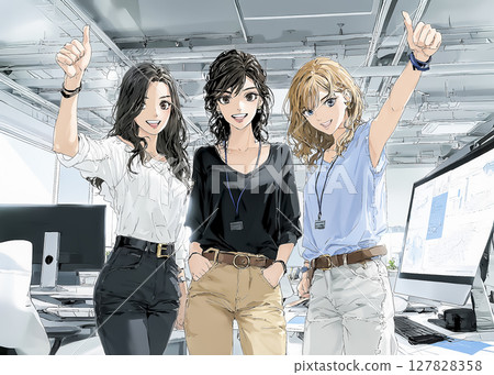 三位微笑的女士在辦公室工作的插畫素材 127828358