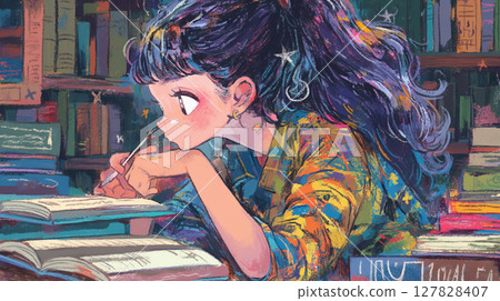 The moment when a girl surrounded by books smiles, a Japanese-style outfit and colorful bookshelves create an intellectual and fantastical space. 127828407