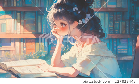 A hand-drawn illustration of a book-loving girl surrounded by bookshelves, her face buried in a book, creating a tranquil and soothing atmosphere. A hand-drawn illustration of a book-loving girl surrounded by bookshelves, her face buried in a book, creating a tranquil and soothing atmosphere. 127828443