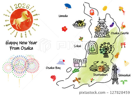 大阪旅遊景點圖解地圖 新年賀卡2026 127828459